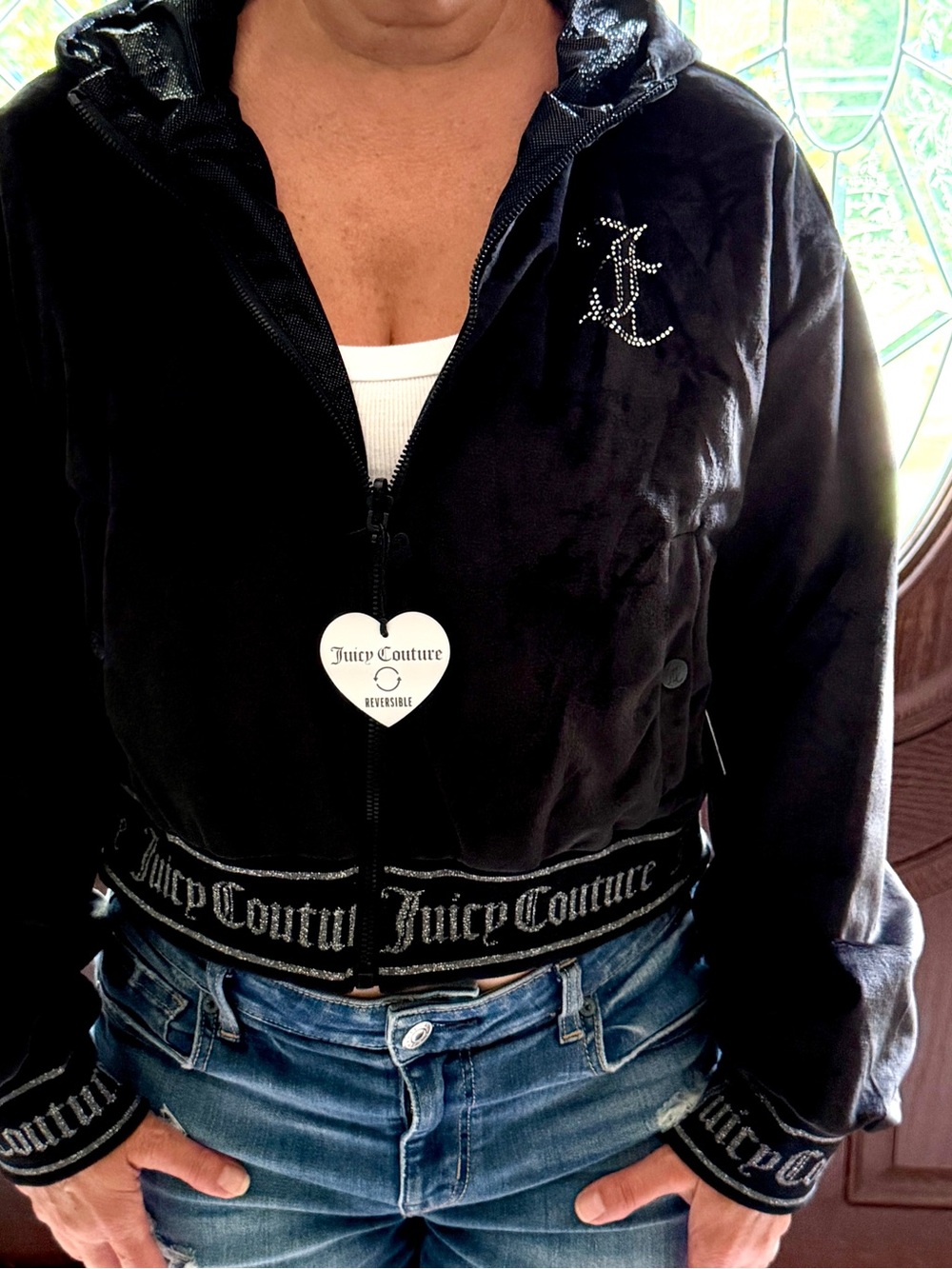 Juicy Couture Black Velour Zip-Up Reversible Bomber jacket with Rhinestone Logo